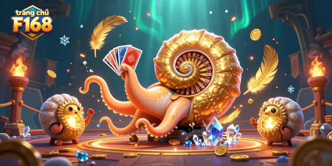 Experience the excitement of situs trang chủ F168, featuring a dynamic 3D scene with gambling elements.