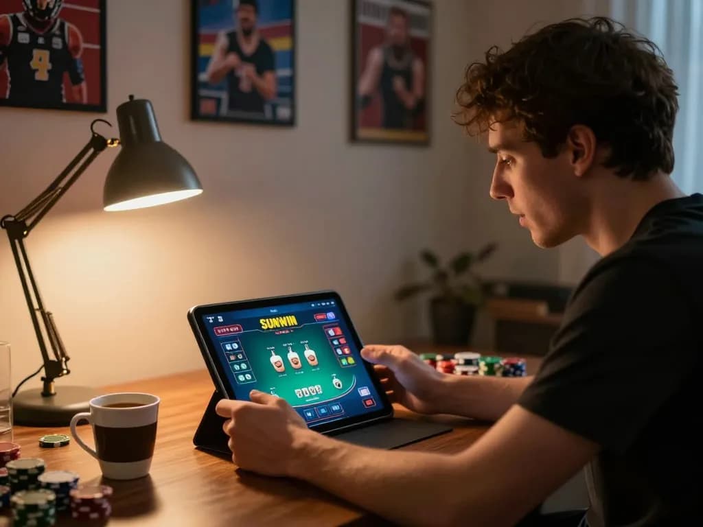Sunwin player engaged in a thrilling poker game on a tablet, showcasing an exciting online gambling atmosphere.