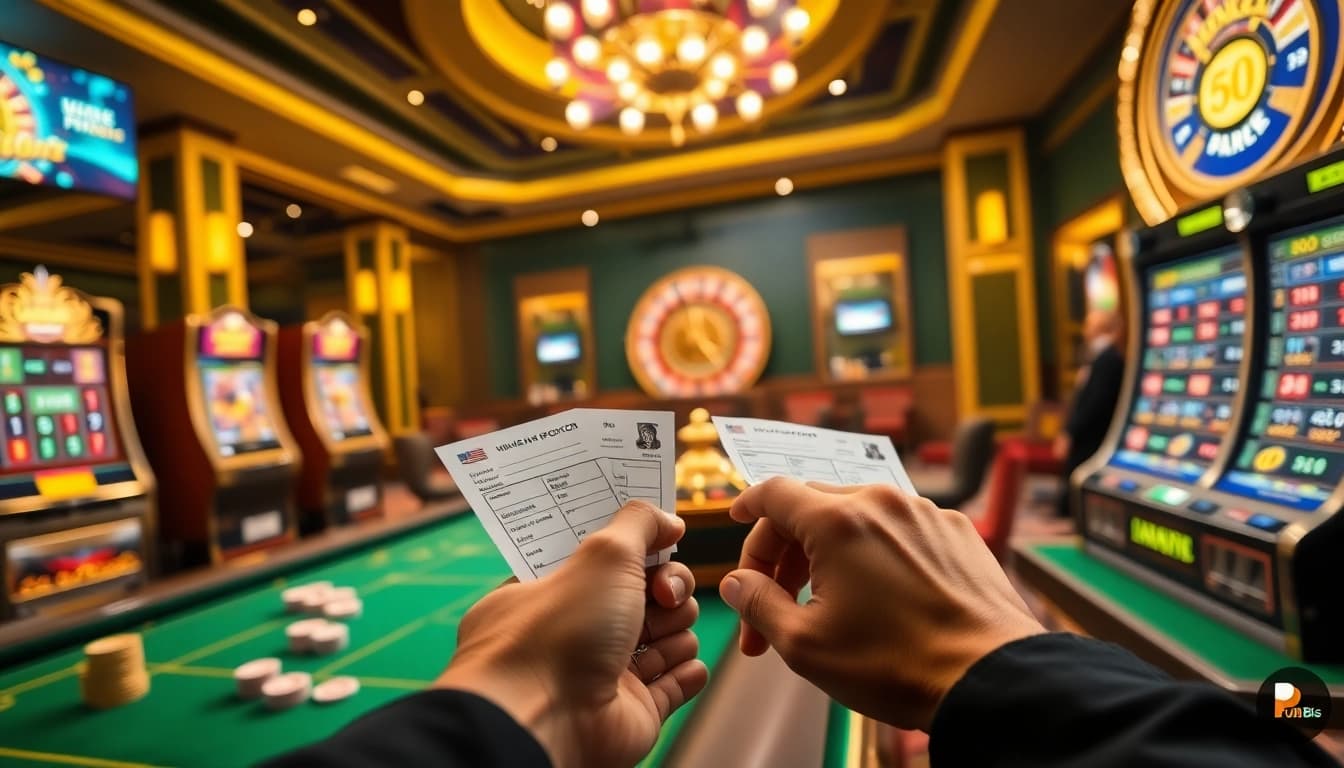 Engaging casino scene with vibrant tables and digital elements, highlighting https://pub88us.com/ and thrilling bets.