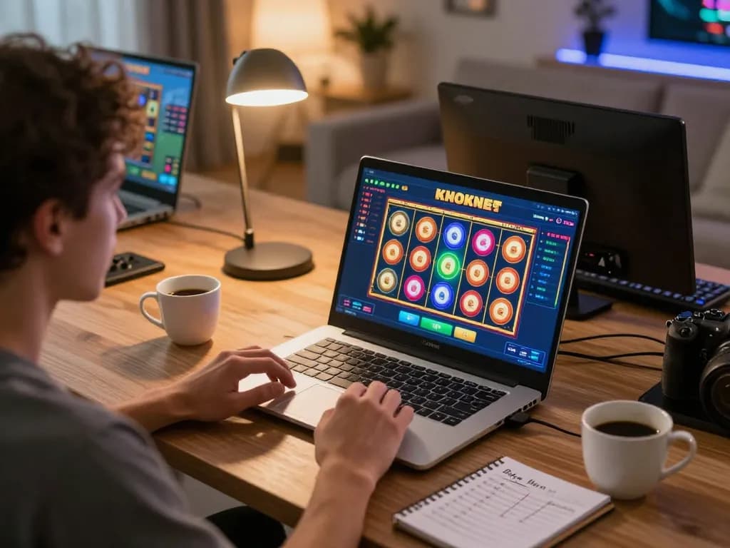 Player enjoying TG88 slot games on laptop, vibrant atmosphere with strategic notes nearby.