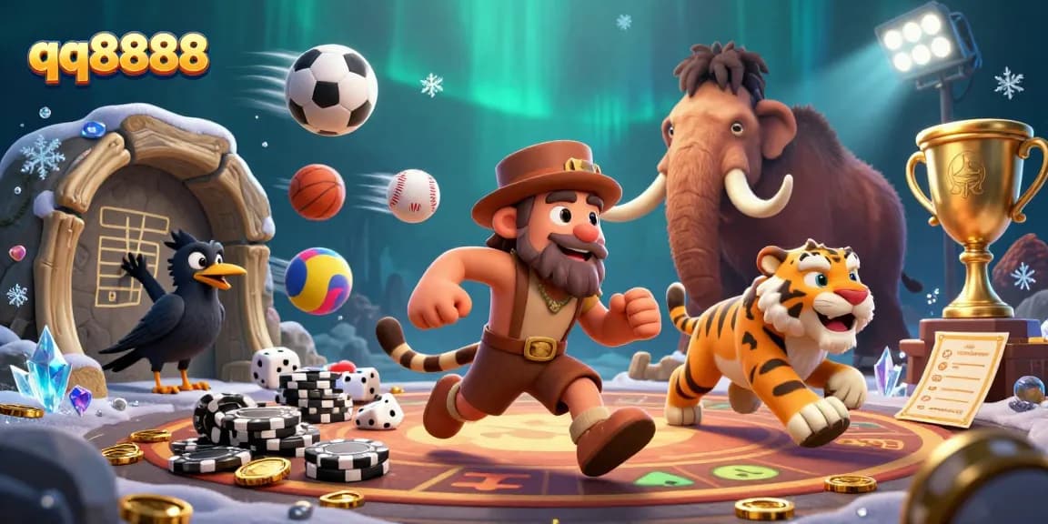 Experience thrilling gambling with qq8888 in a vibrant prehistoric casino scene featuring lively characters and action.