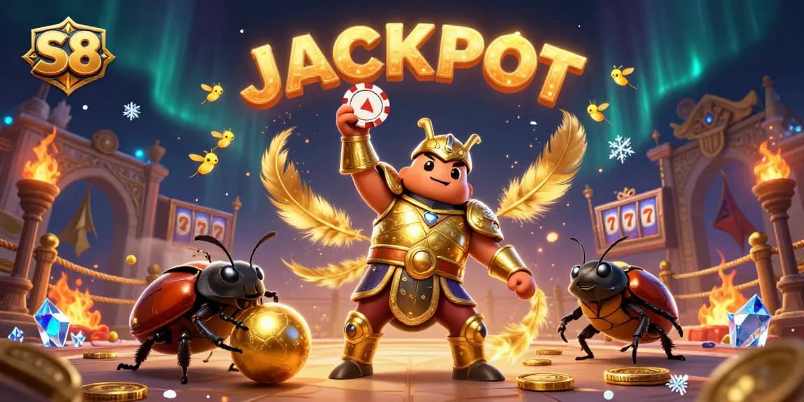 S8 themed illustration featuring beetles celebrating a big jackpot win with vibrant casino elements.