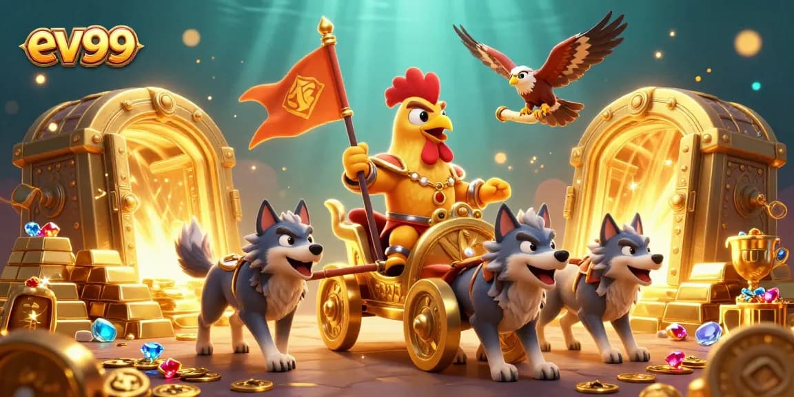 ev99: Experience thrilling gaming with a rooster warlord and treasures bursting forth.