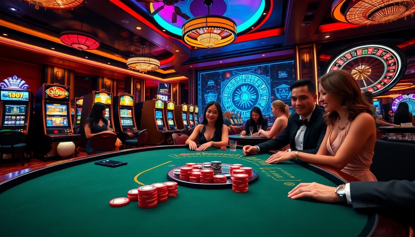 Players enjoying thrilling games at QQ88 casino with vibrant atmosphere and luxurious ambiance