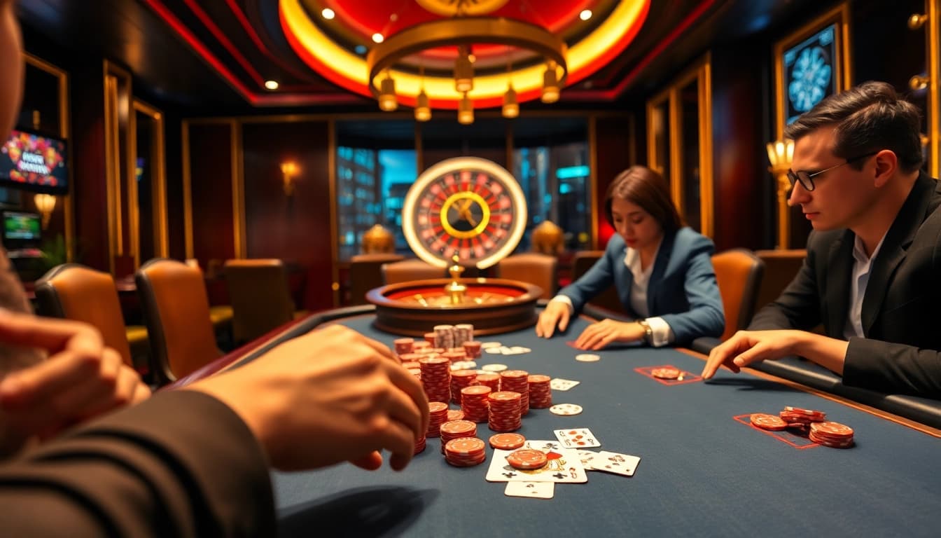 Witness a thrilling poker game at https://mtr888.com/ featuring luxurious chips and intense players.