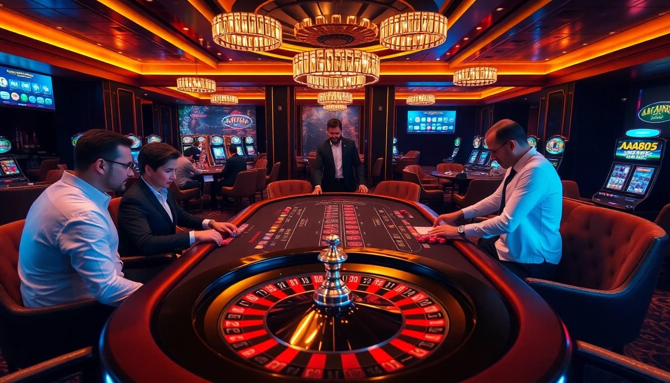 Experience the thrill of gambling at https://aa888bet.us/ with a luxurious casino setup featuring poker tables and spinning roulette wheels.