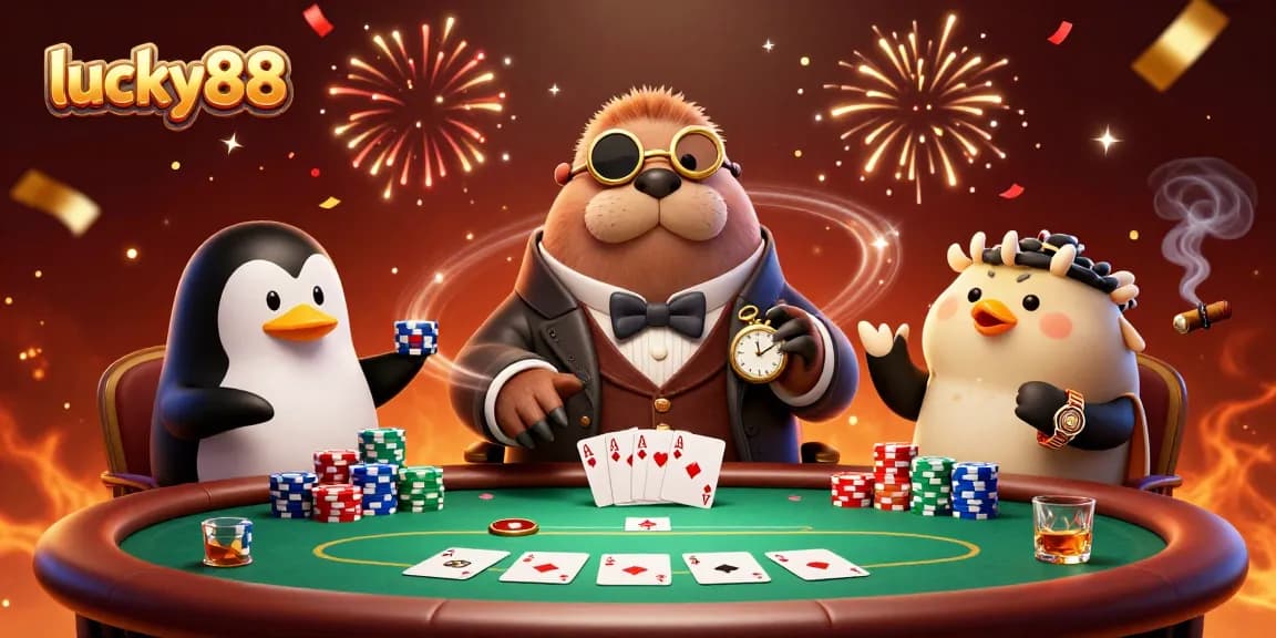 Experience lucky88 with a lively poker game featuring a walrus in Victorian attire and a penguin dealer.