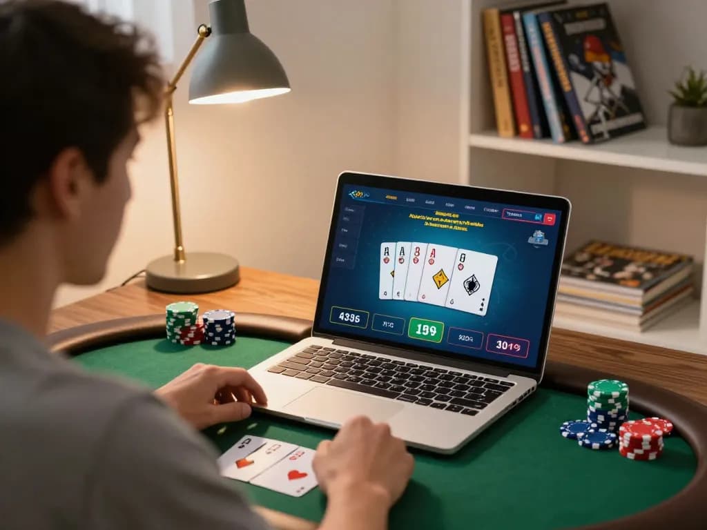 Engaging in an online poker game with TR88 on a laptop, showcasing strategic gameplay and responsible gaming.