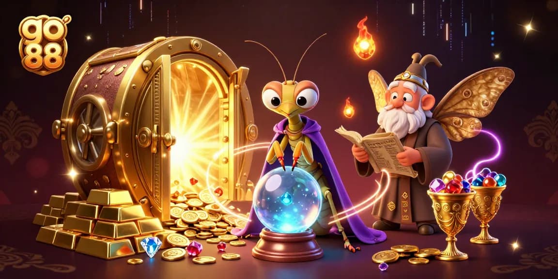 Experience the magic of go 88 with a fortune teller, unlocking treasures and winnings in a vibrant casino world.