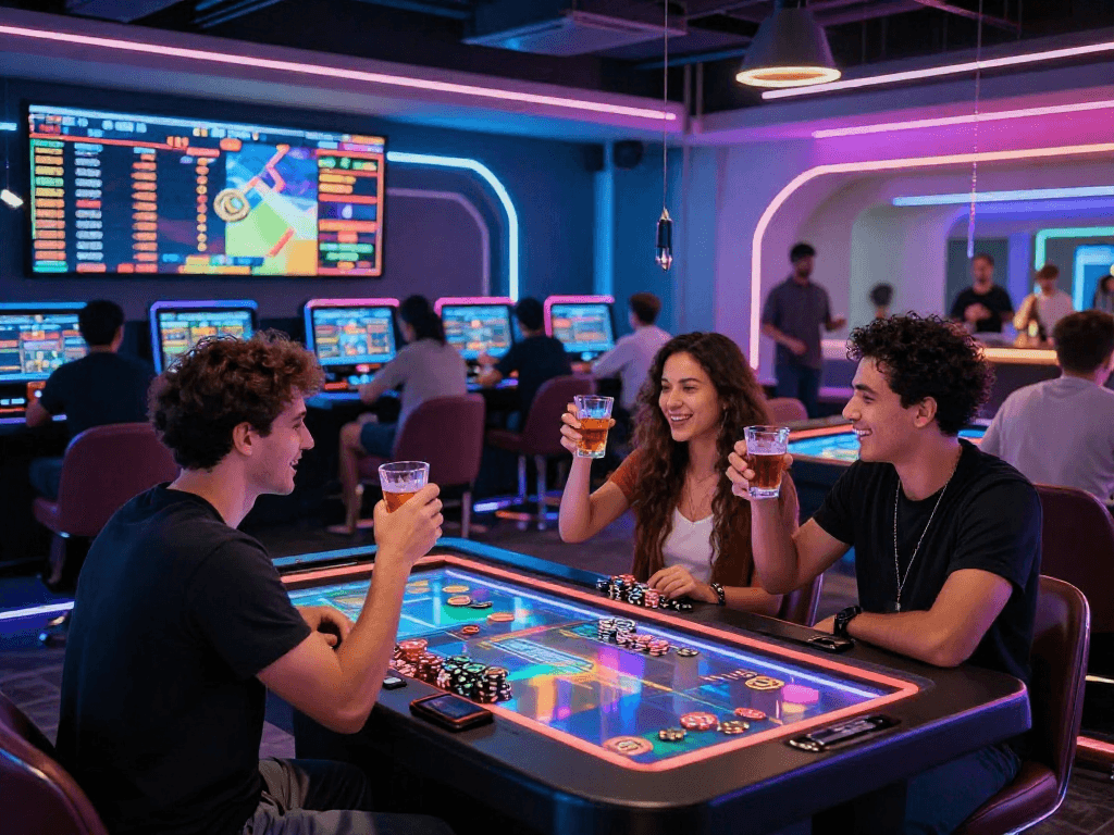 Engaged players at a crypto casino, vibrant digital tables, and market screens.