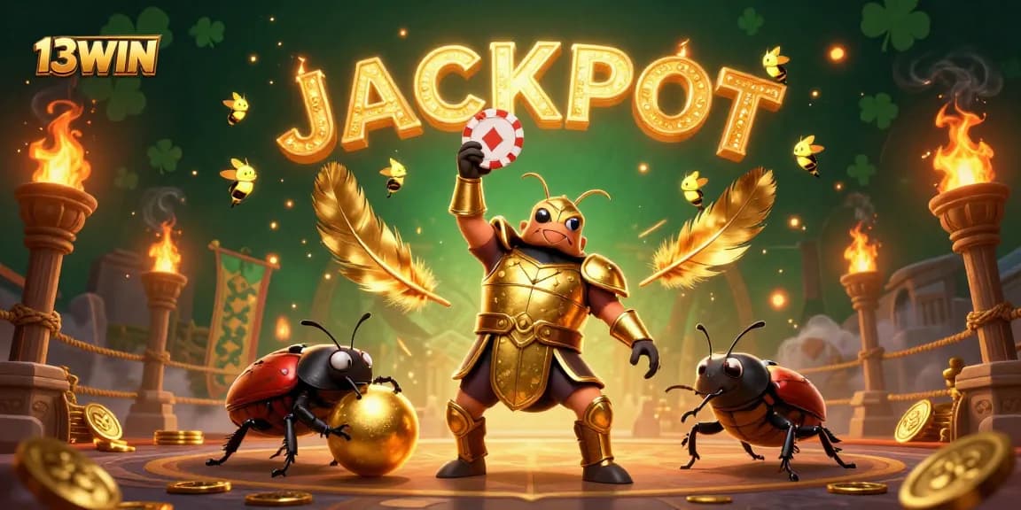 Experience the thrill of winning at 13WIN with a victorious beetle champion and jackpot celebration.