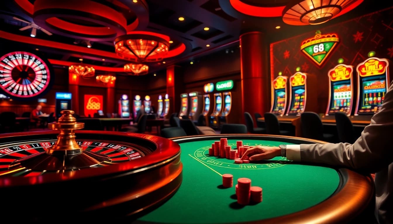 Exciting Lucky88 atmosphere with players engaging at roulette and poker tables.