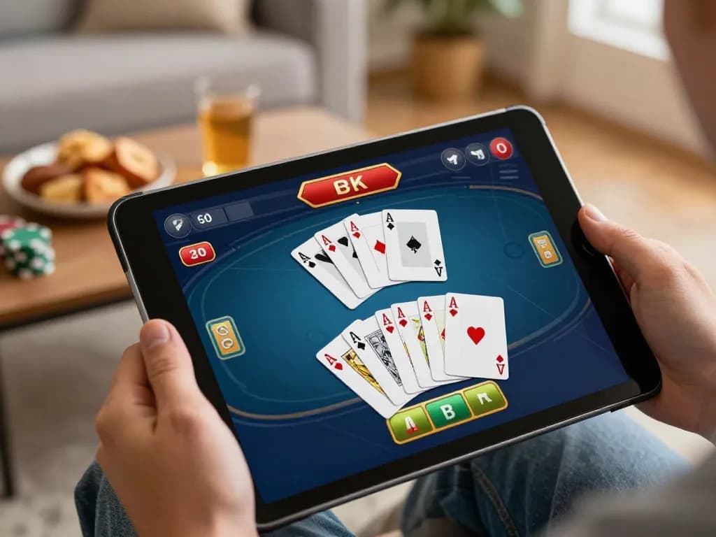 Player engaging in poker on tablet showcasing luck8biz interface with vibrant card graphics, home setting.