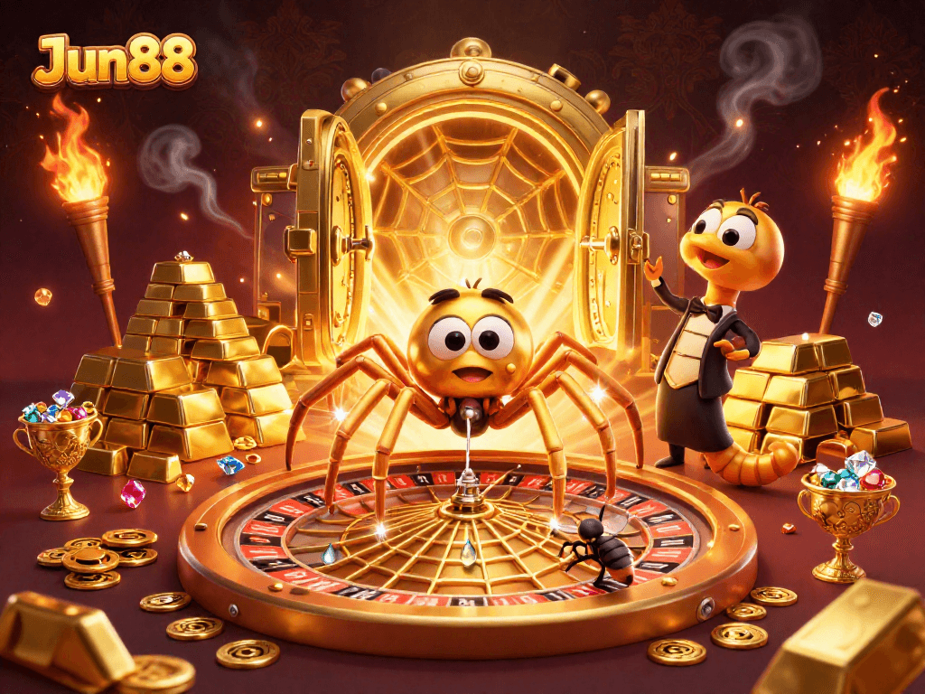 Jun88's vibrant 3D casino scene with a spider, roulette web, and a centipede croupier spinning bets.