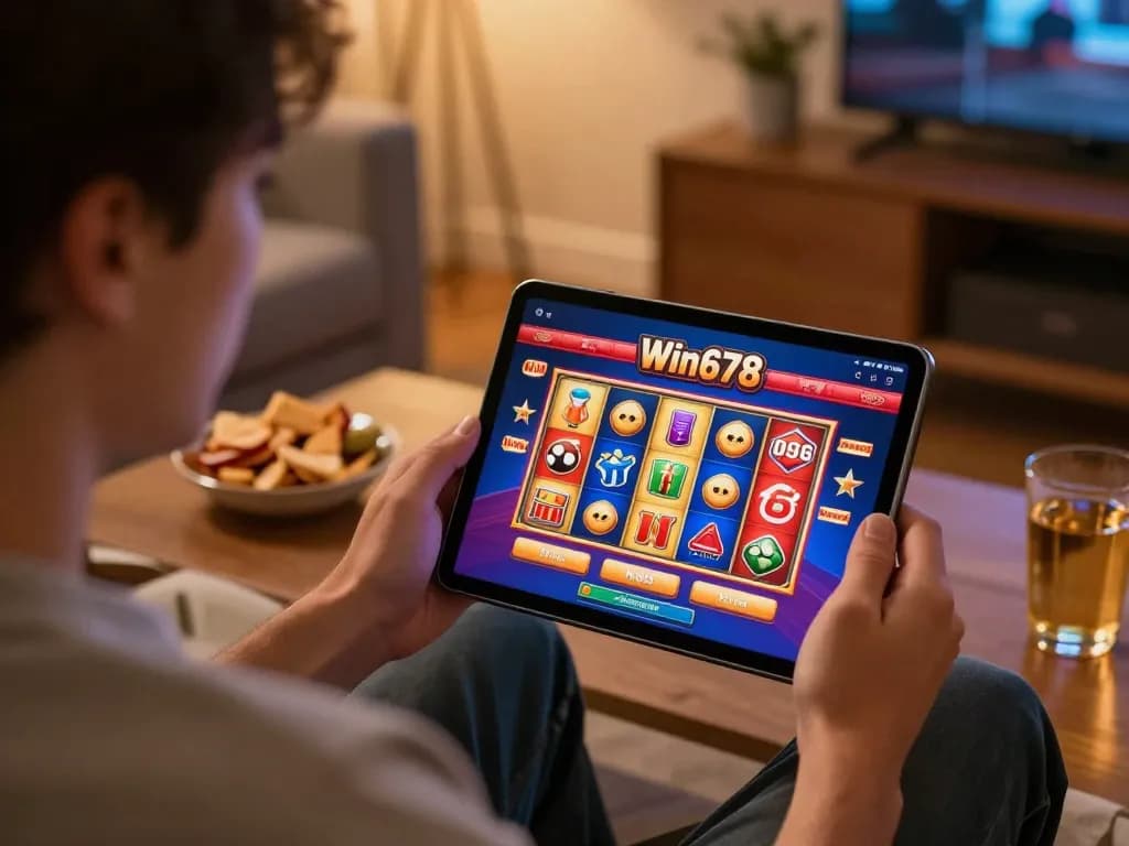Win678 player engaging in exciting online gaming experience from home.