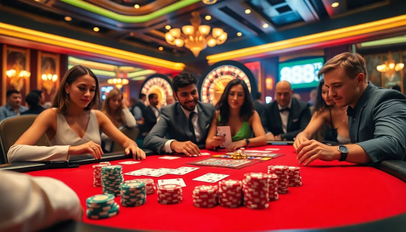 Exciting gaming action at a luxurious poker table setting showcasing 888b.
