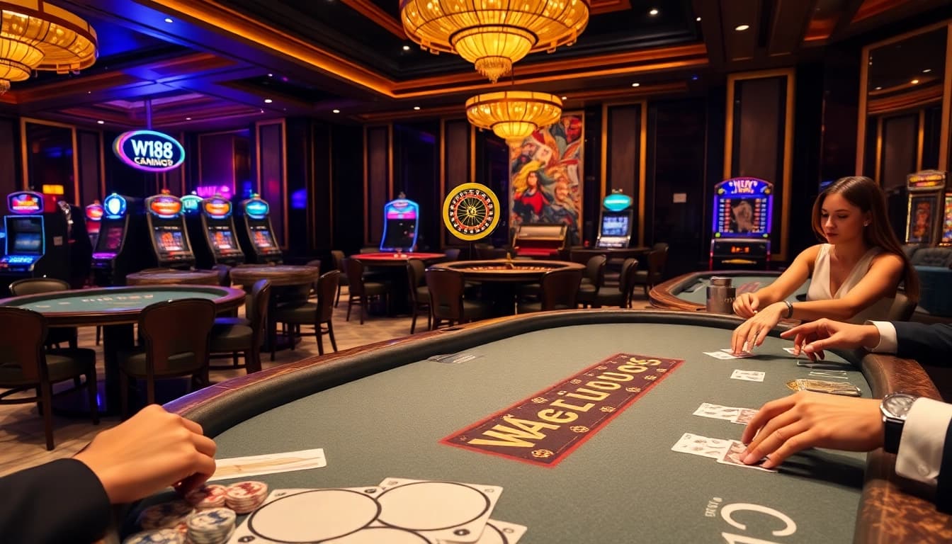 Excited gamblers placing bets at W188 casino tables with luxurious ambiance.