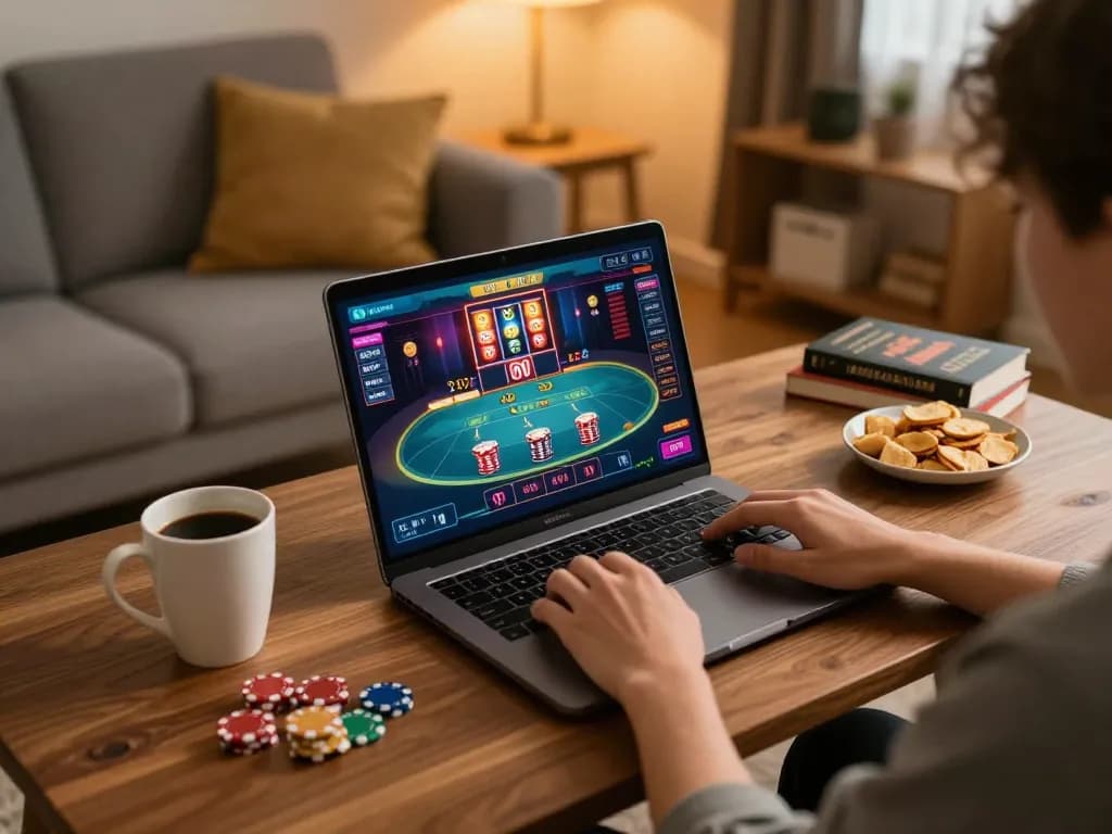 Engaging in online casino gaming at https://tr88.pics/ with vibrant interface and cozy home setup.