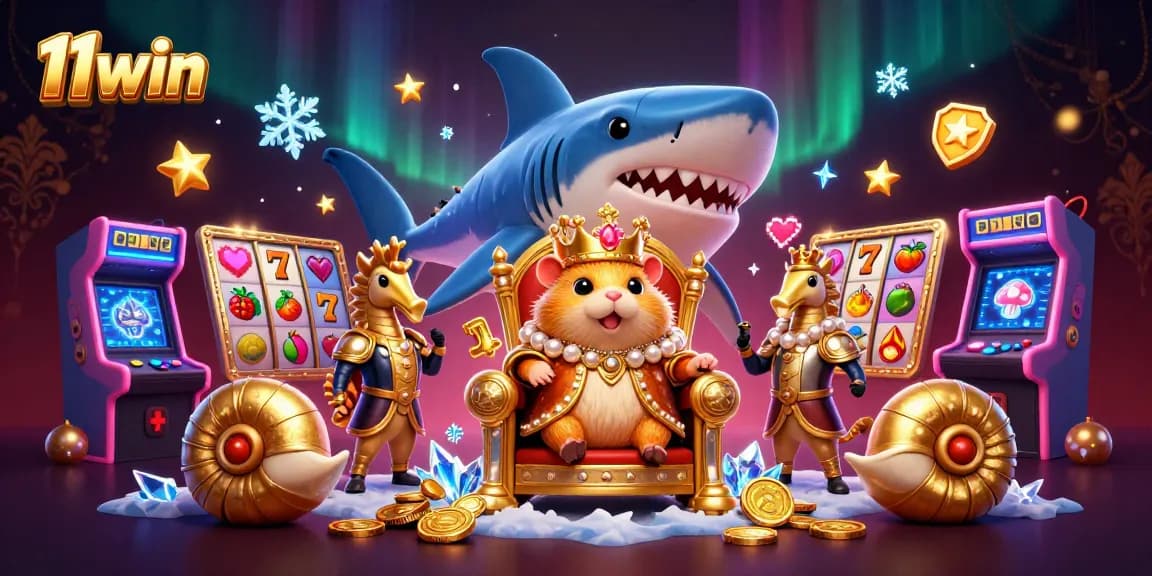 Engage in vibrant casino fun with 11win featuring a golden hamster king and slot symbols.