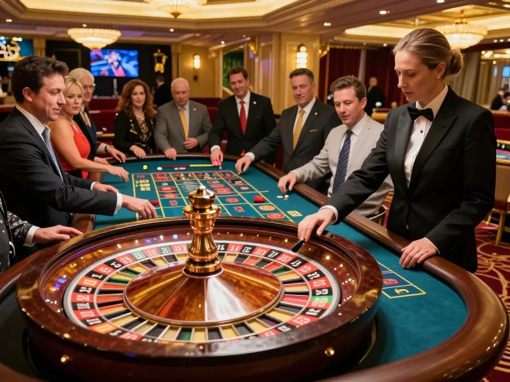 Players placing bets at the roulette table in fabet's luxurious casino, showcasing excitement and strategic decisions.