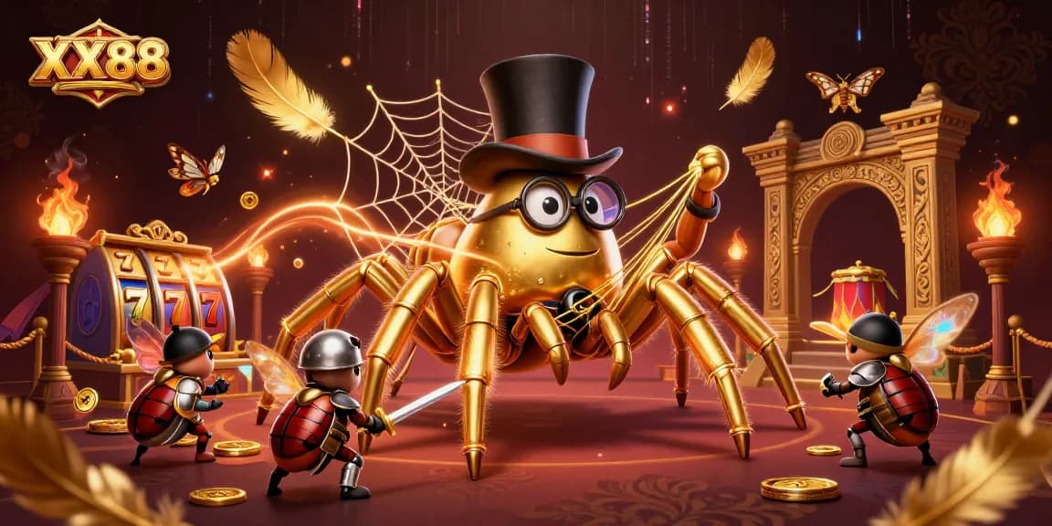 Engage with the thrilling universe of XX88, where our fierce beetle knight challenges the golden tarantula in a vibrant casino scene.