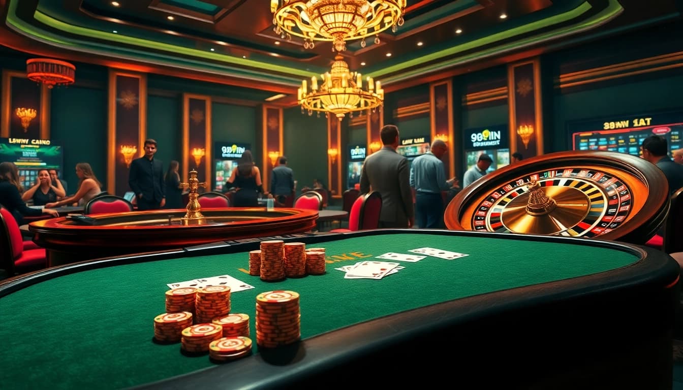 Engaged players at a luxurious poker table showcasing the excitement of 98WIN.