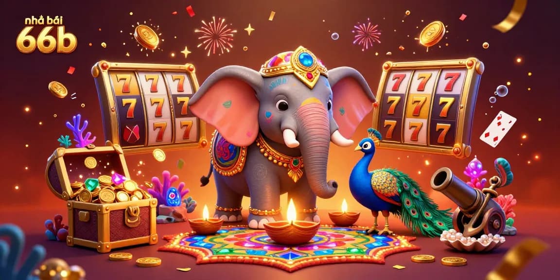 Join the action at Nhà cái 66b featuring thrilling slots and vibrant 3D elements in a captivating illustration.
