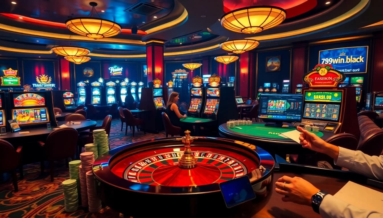 Exciting gambling scene at 789win1.black featuring luxurious casino tables and vibrant slot machines.