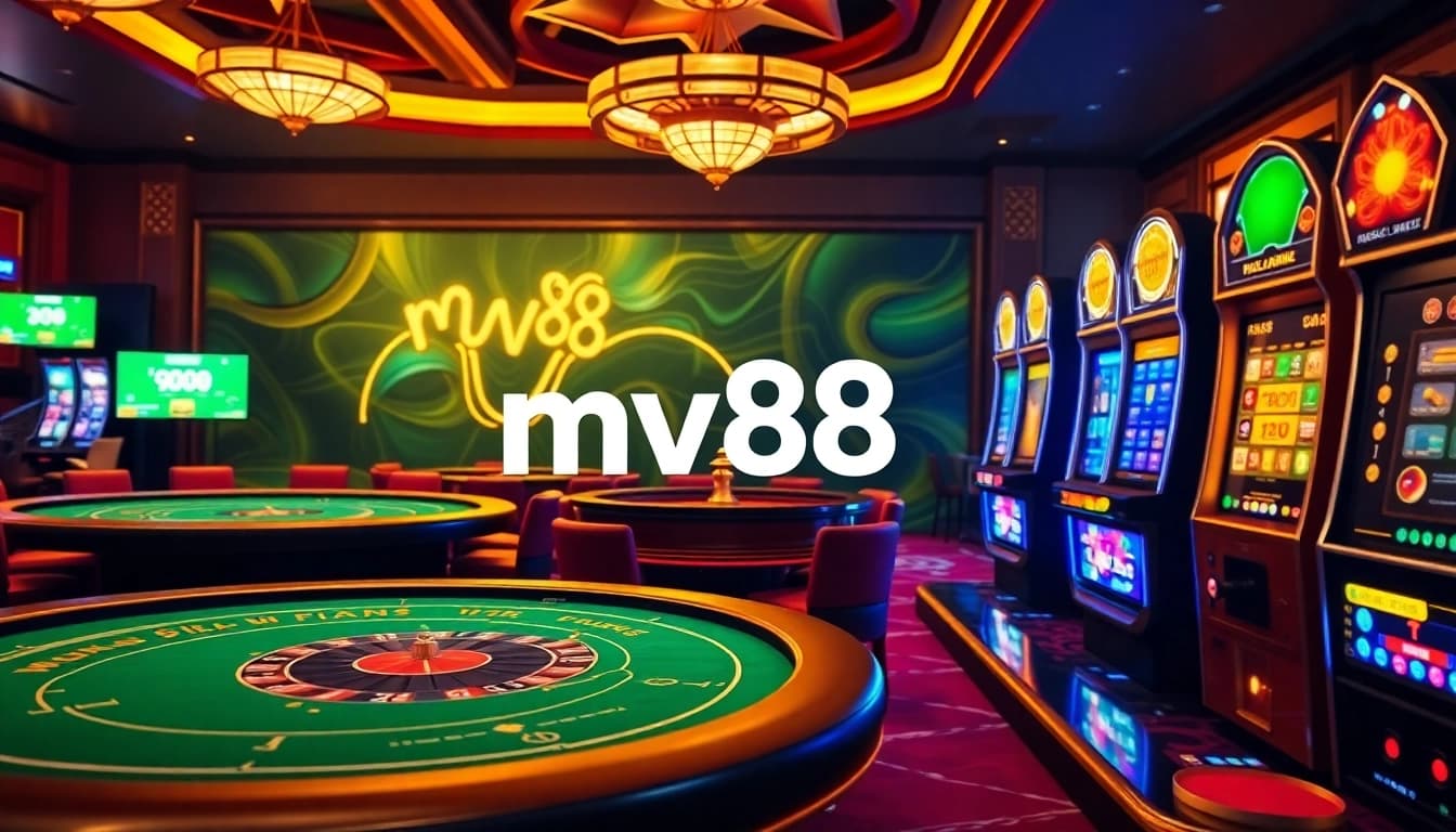 Experience the excitement of mv88 at a vibrant casino table with poker chips and cards.