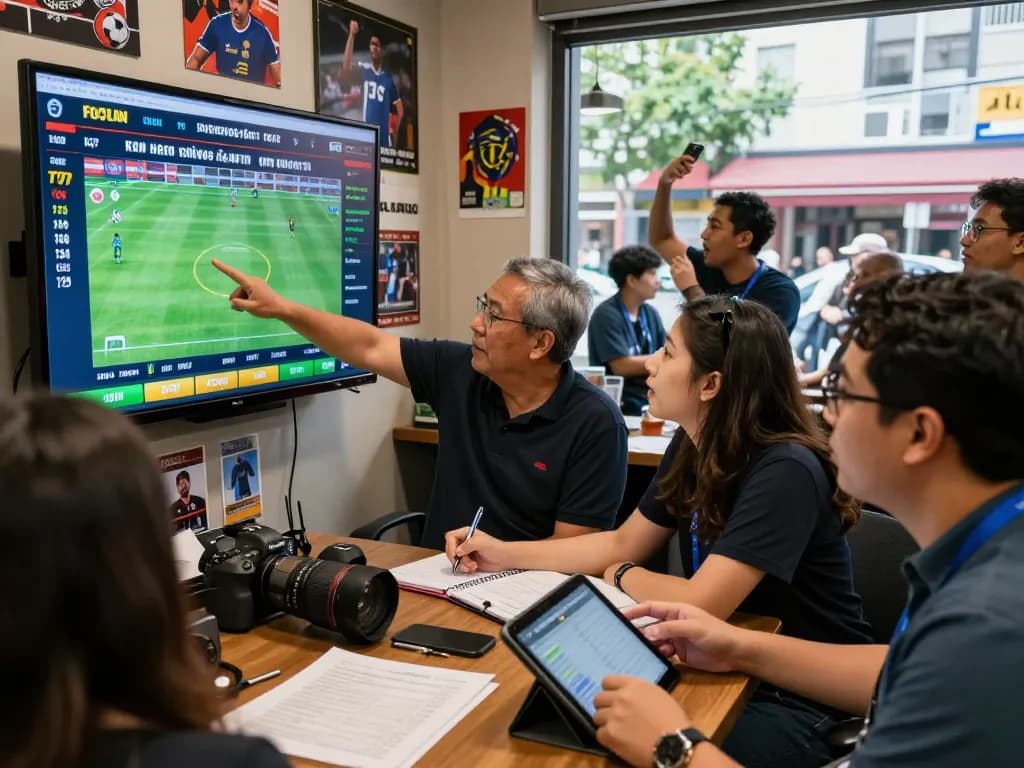 Engaged group analyzing kèo nhà cái chuẩn in a lively sports betting environment with digital odds display.