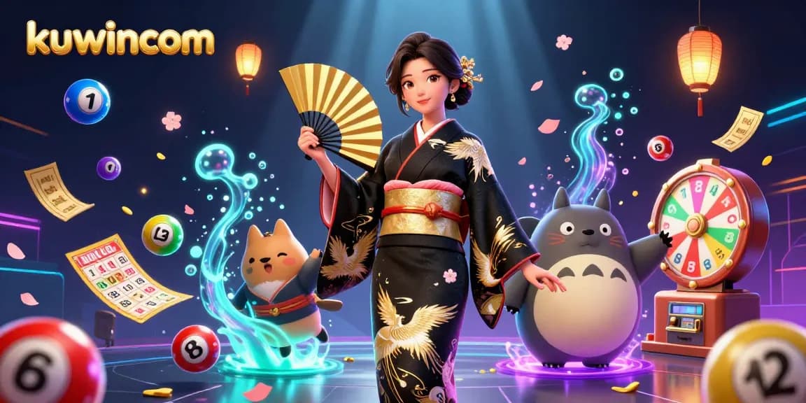 Kuwincom presents an energetic lottery scene with vibrant elements delivering gaming excitement.