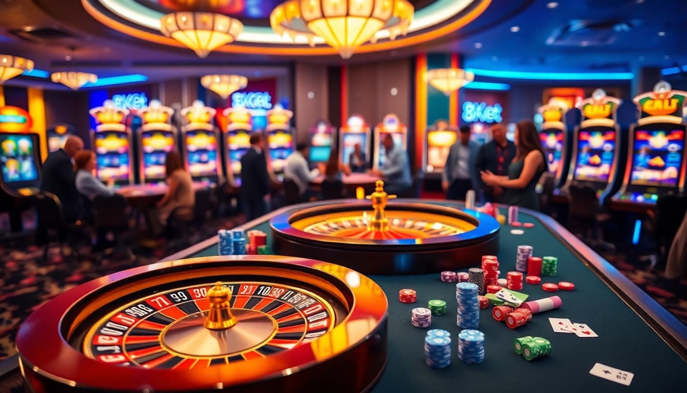 Experience the thrill of winning at 8kbet with an elegant casino scene showcasing vibrant games.