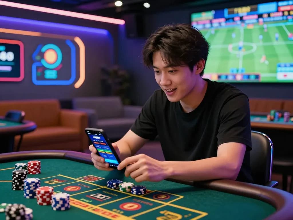 Excited player engaging with the Nhà cái TR88 app in a vibrant online gambling environment.