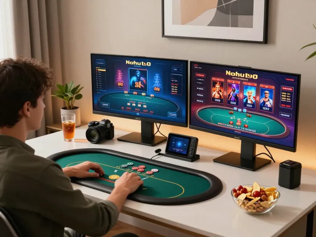 Nohu90 online casino gaming setup showing a player engaged in strategic gameplay and relaxation