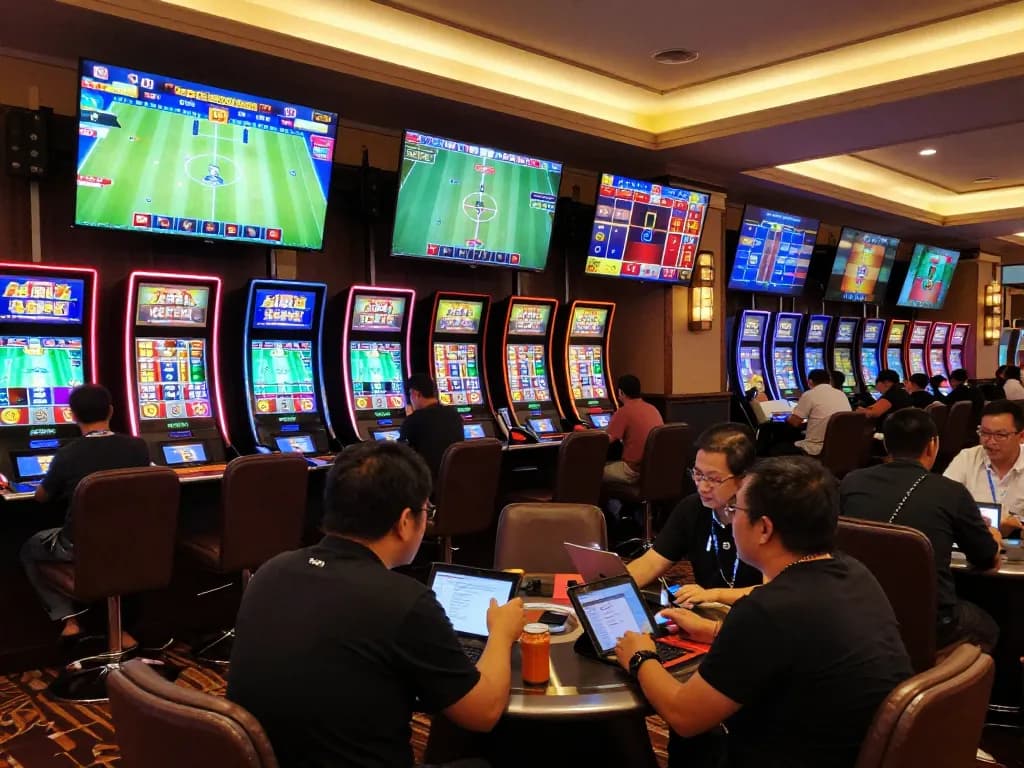 Active sports betting scene at a casino, with keobongda odds displayed on screens, enthusiastic bettors engaged.
