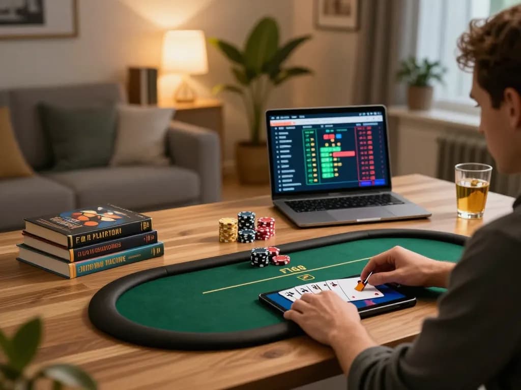 Player using F168 app on tablet for poker while surrounded by strategy notes and a warm atmosphere