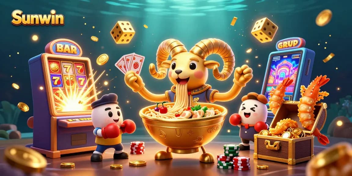 Experience the vibrant energy of Sunwin's casino with excited characters surrounded by slot machines and winnings.
