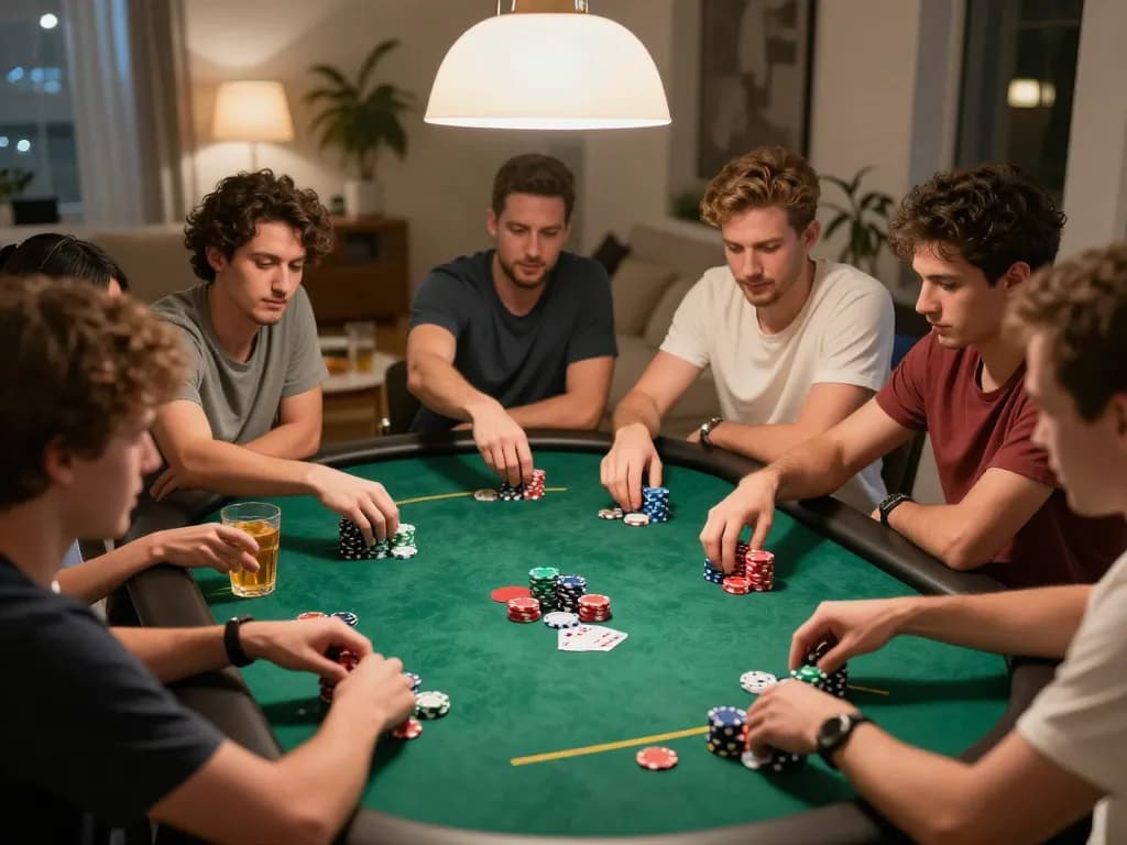 Players enjoying poker at home, focusing on strategic moves with dn88 gaming chips in play.
