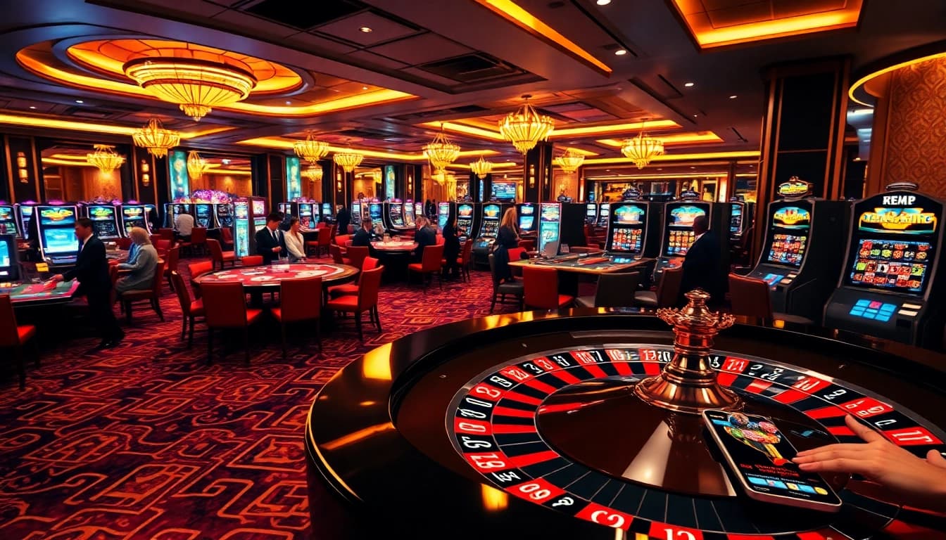 Engaging casino scene showcasing roulette and slot machines, highlighting the thrilling atmosphere of mv88.