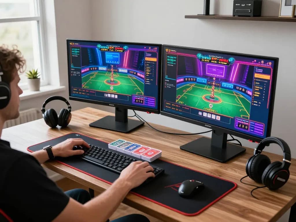 Engaged player utilizing 23Win casino app on dual monitors, showcasing vibrant online gaming atmosphere