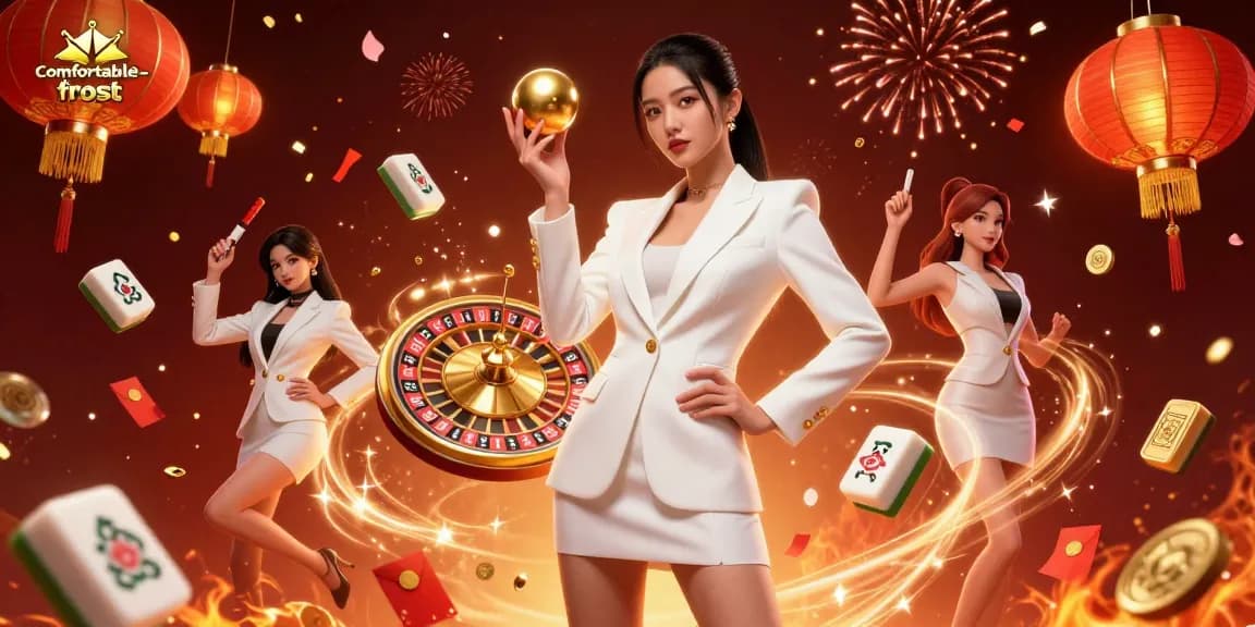 Experience thrilling gameplay at comfortable-frost with a stunning Asian woman holding a roulette ball surrounded by casino elements.