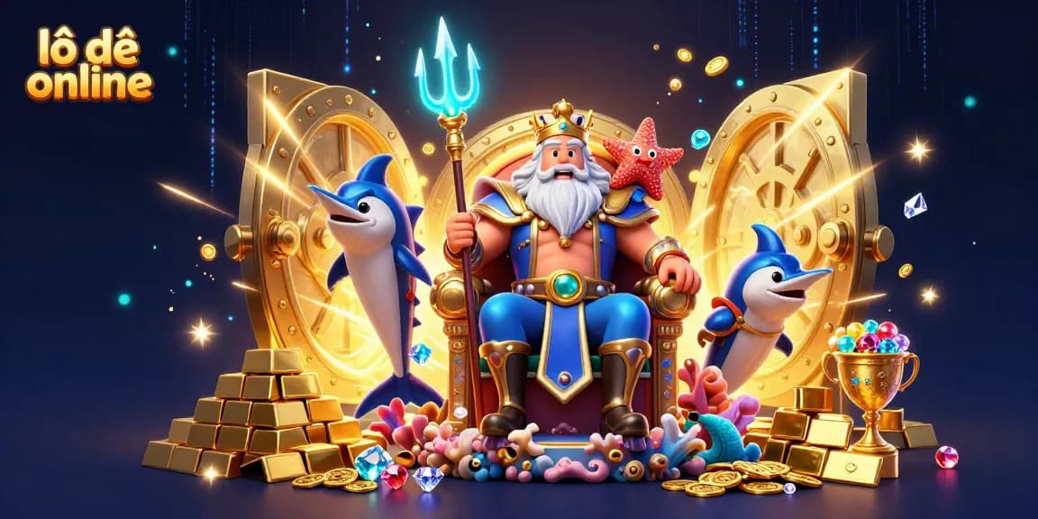 Engage in lô đề online with vibrant scenes of Neptune surrounded by treasures and gambling elements.