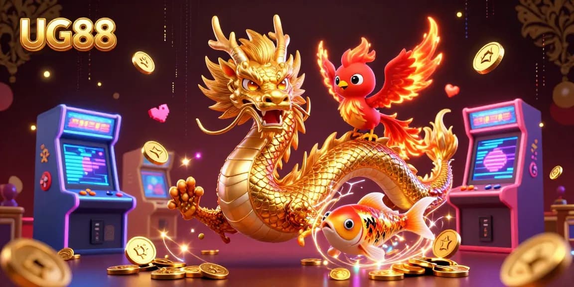 Experience thrilling gameplay with UG88, featuring a golden dragon, phoenix, and koi amidst a casino setting.
