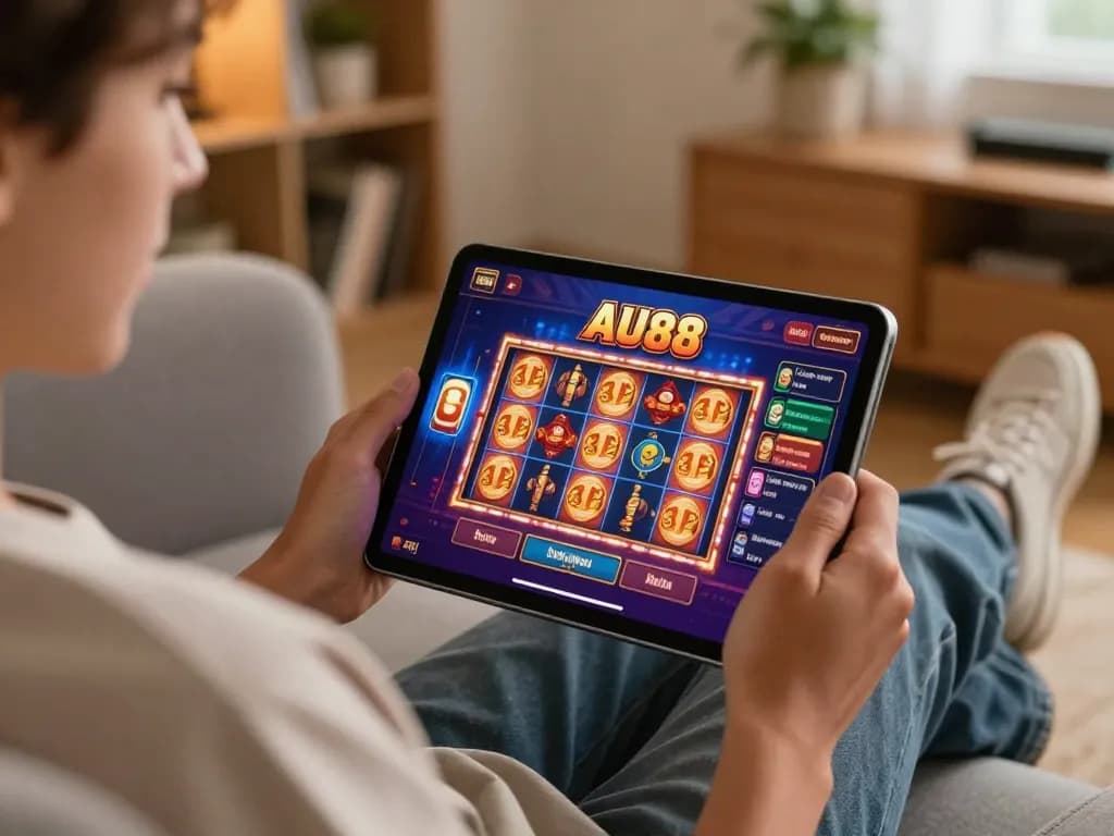 Player enjoying online gaming at home with Au88 displayed on the tablet screen, showcasing responsible entertainment.