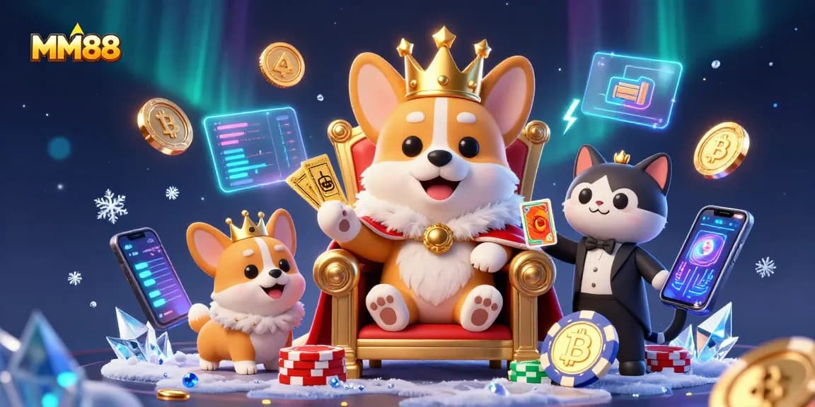 Experience the thrills of MM88 with a royal corgi seated on a throne of poker chips amidst digital assets.