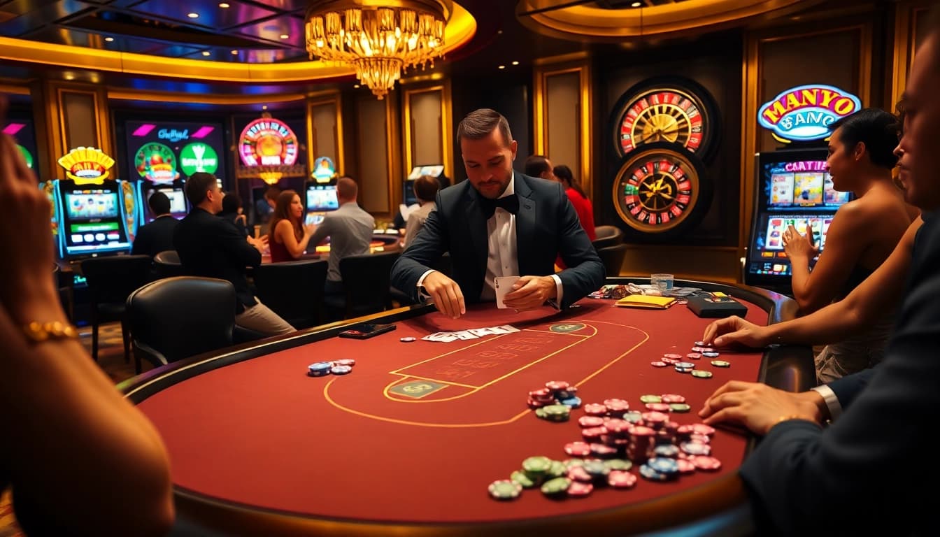 Experience the excitement of FUN79 as players enjoy a thrilling blackjack game in a luxurious casino.