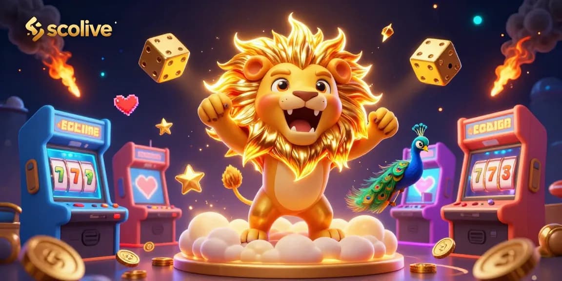 Socolive's captivating action scene features a roaring lion amidst casino elements like dice and slot machines.