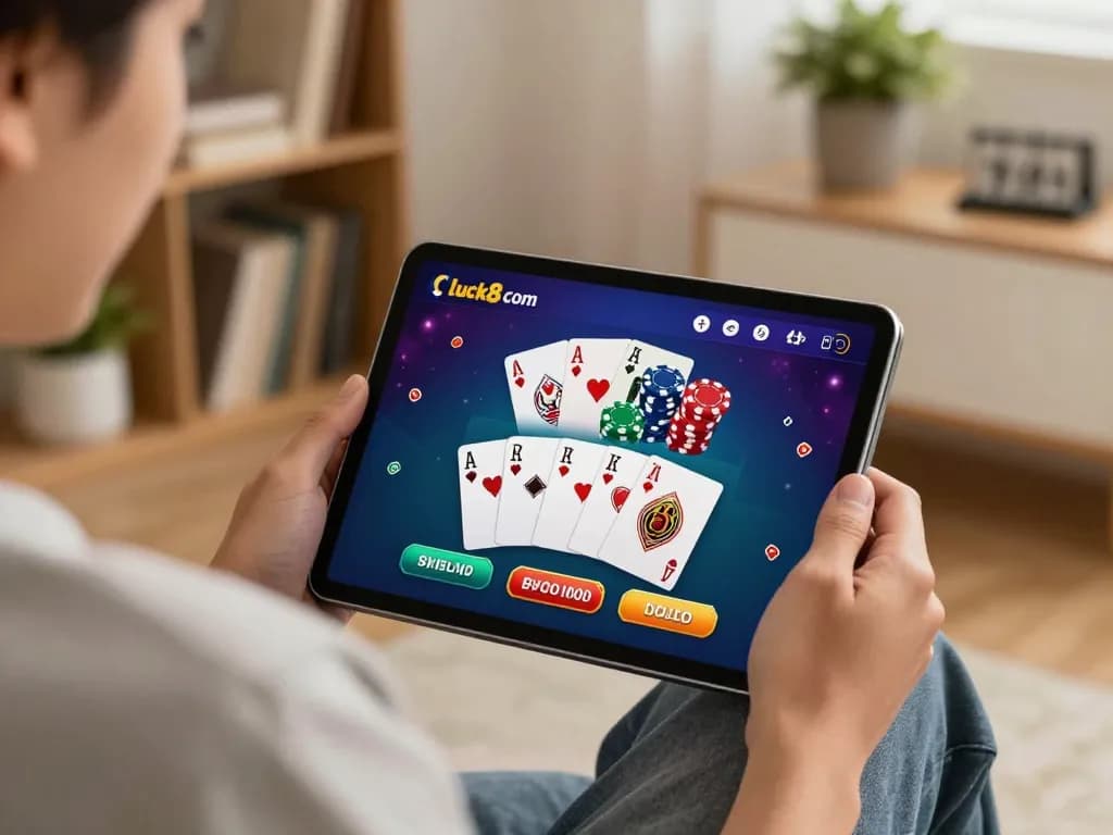 Engaged player using luck8 com on tablet at home, showcasing online gaming atmosphere with strategy elements