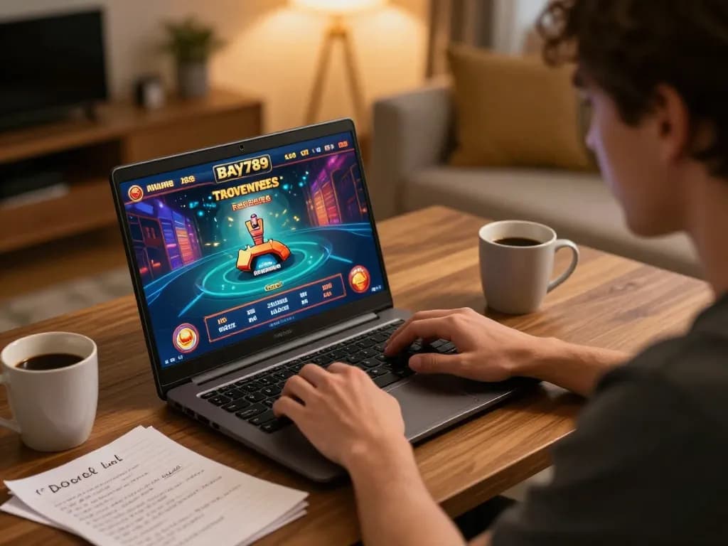 Player engaging in online gambling at Bay789 with a laptop showcasing the casino interface