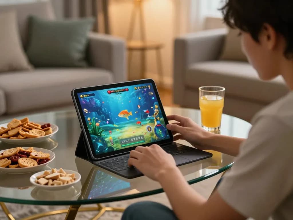 Bắn Cá Đổi Thưởng gameplay on tablet in relaxed home setting showcasing vibrant graphics